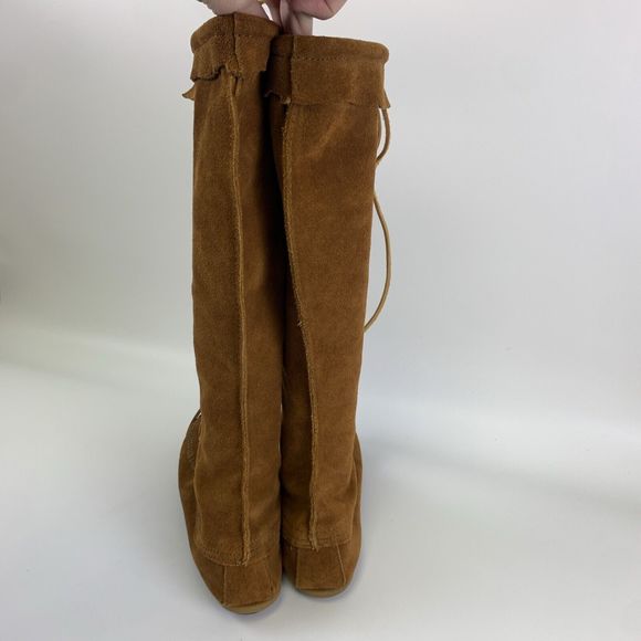 Minnetonka Tan Suede Front Lace Up Tall Boots Tan Fringe Removed 7422 Womens 7 - Picture 10 of 14